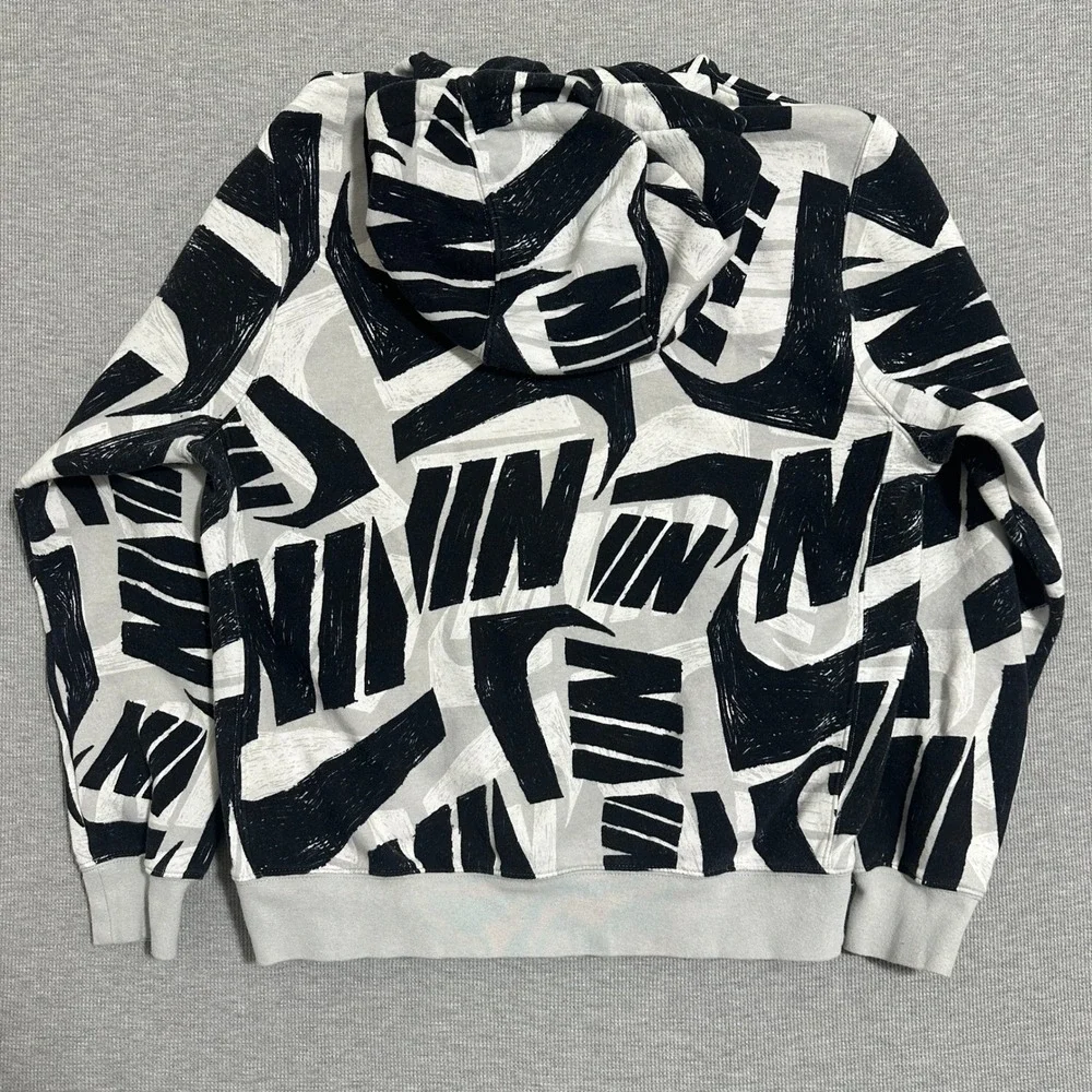 Nike‎ Sportswear Swoosh All Over Print Fleece Pullover Hoodie White Black Medium